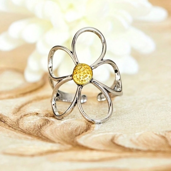 Silver Tone Flower Adjustable Boho Ring - Picture 4 of 6